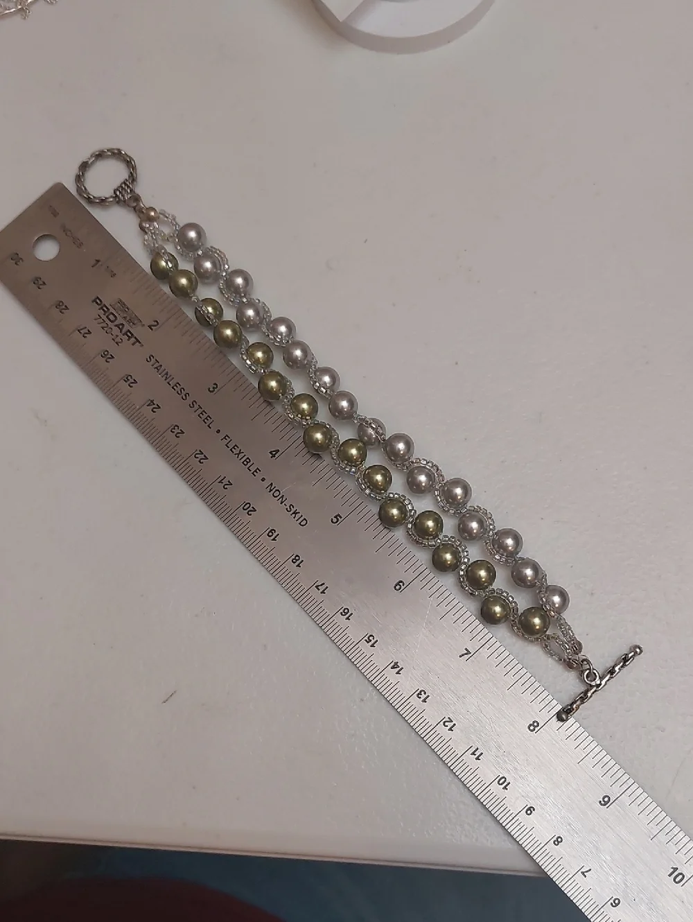 Vintage Artisal Double Strands Gray Green Faux Pearls Beaded Toggle Bracelet